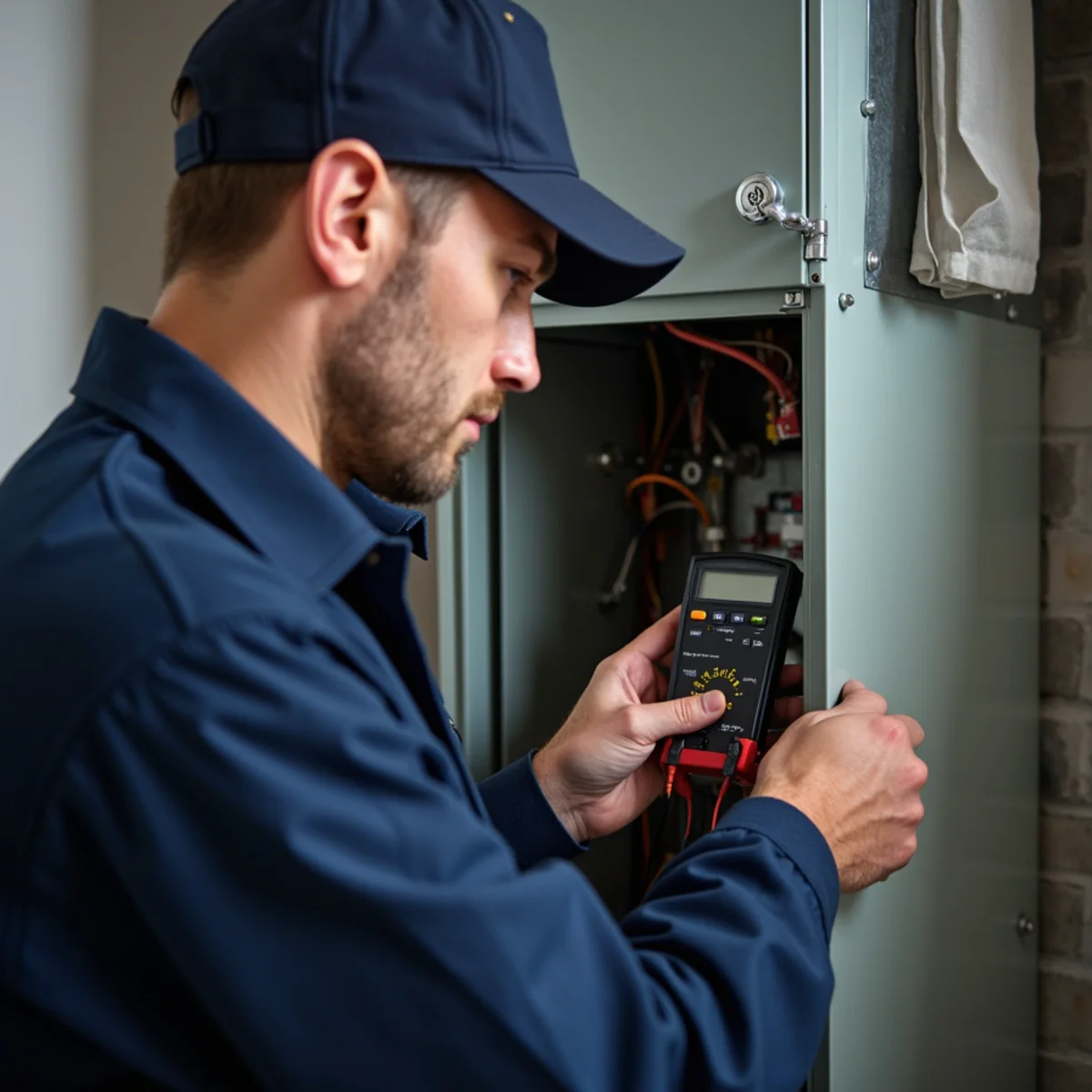 Licensed HVAC technician inspecting electrical connections and wiring on Delaware County heating system