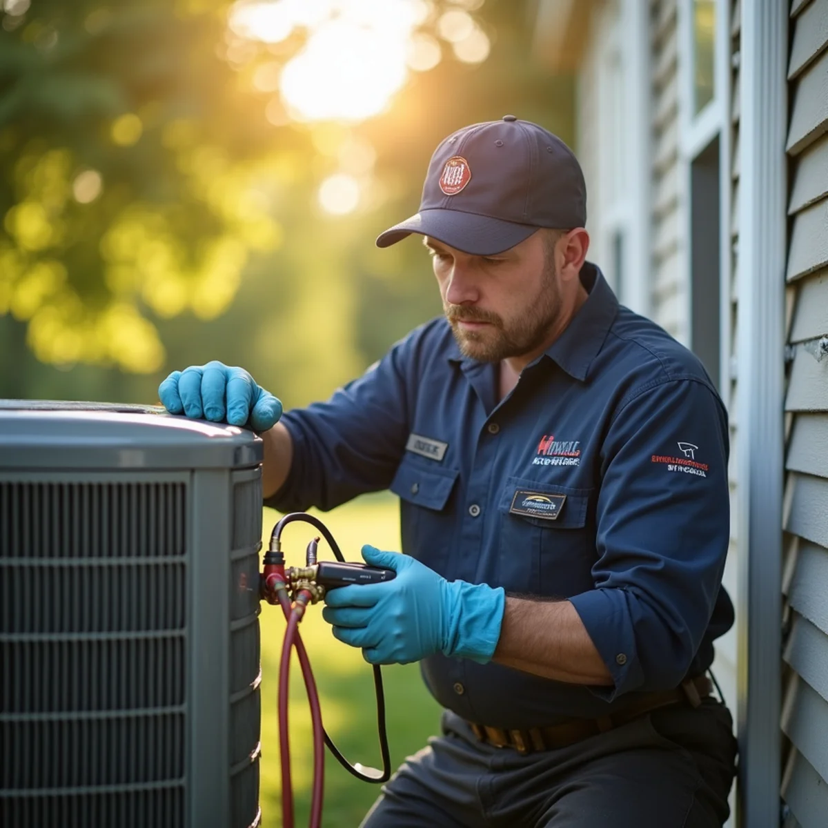 HVAC technician testing central air conditioning unit in Broomall PA