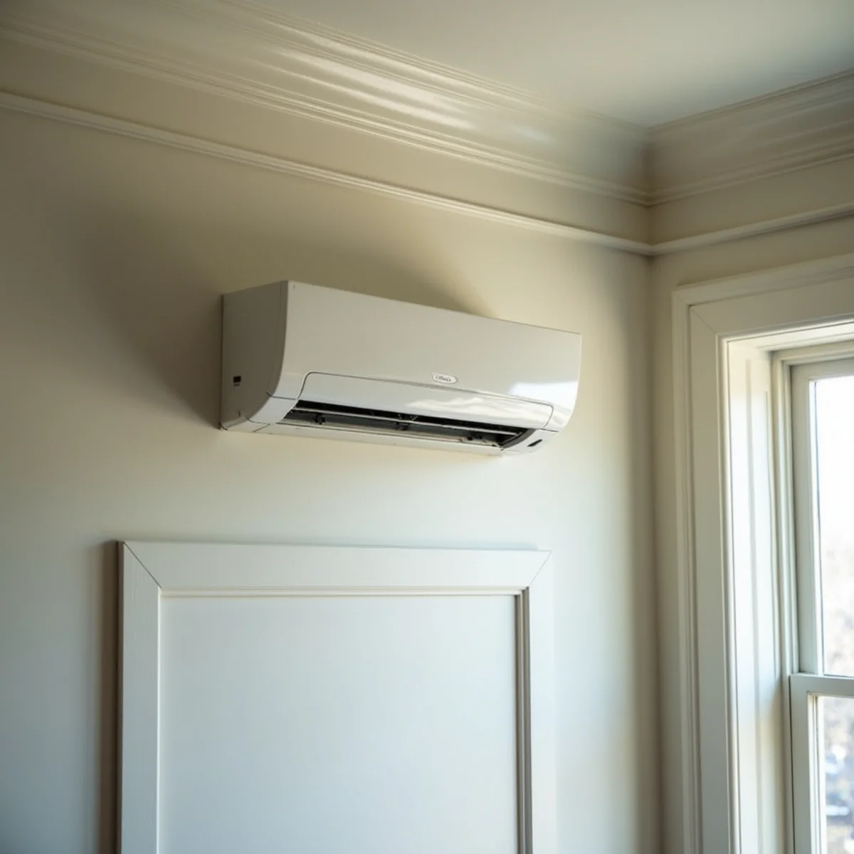 Discreet ductless mini split air handler mounted high on plaster wall of historic Pennsylvania colonial home