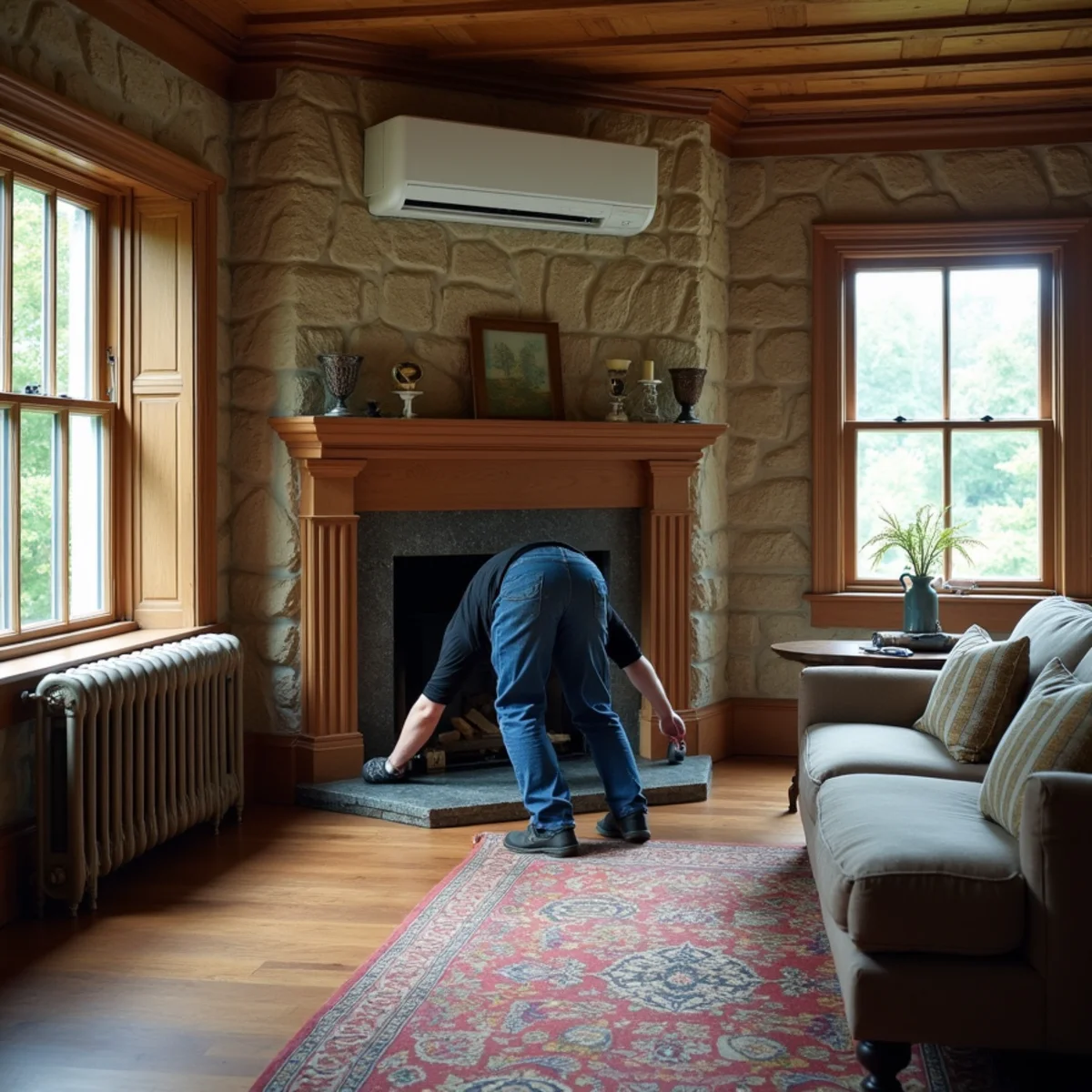 Living room of older Pennsylvania stone home with sleek ductless mini split indoor unit