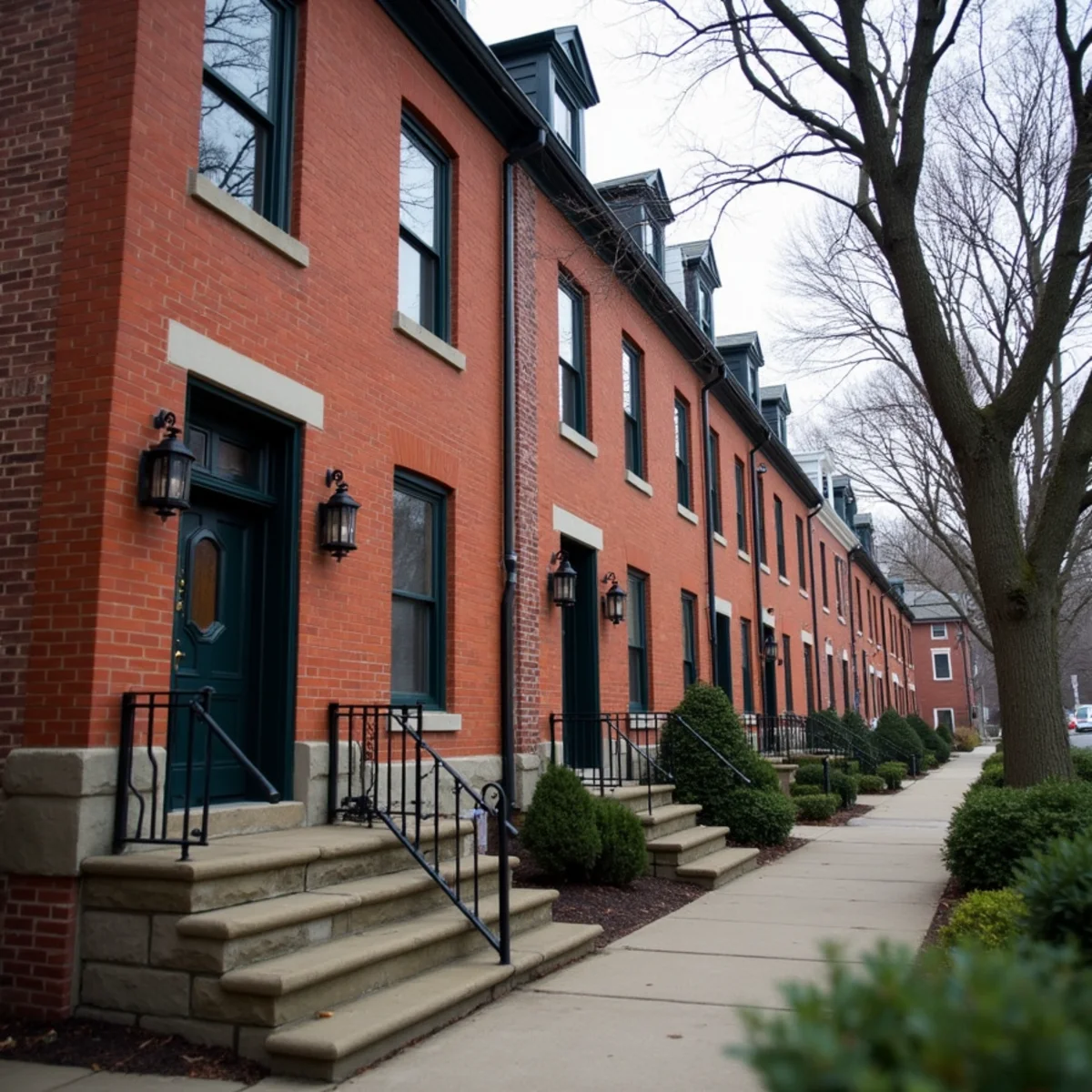 Historic brick rowhomes climbing hill in Conshohocken PA