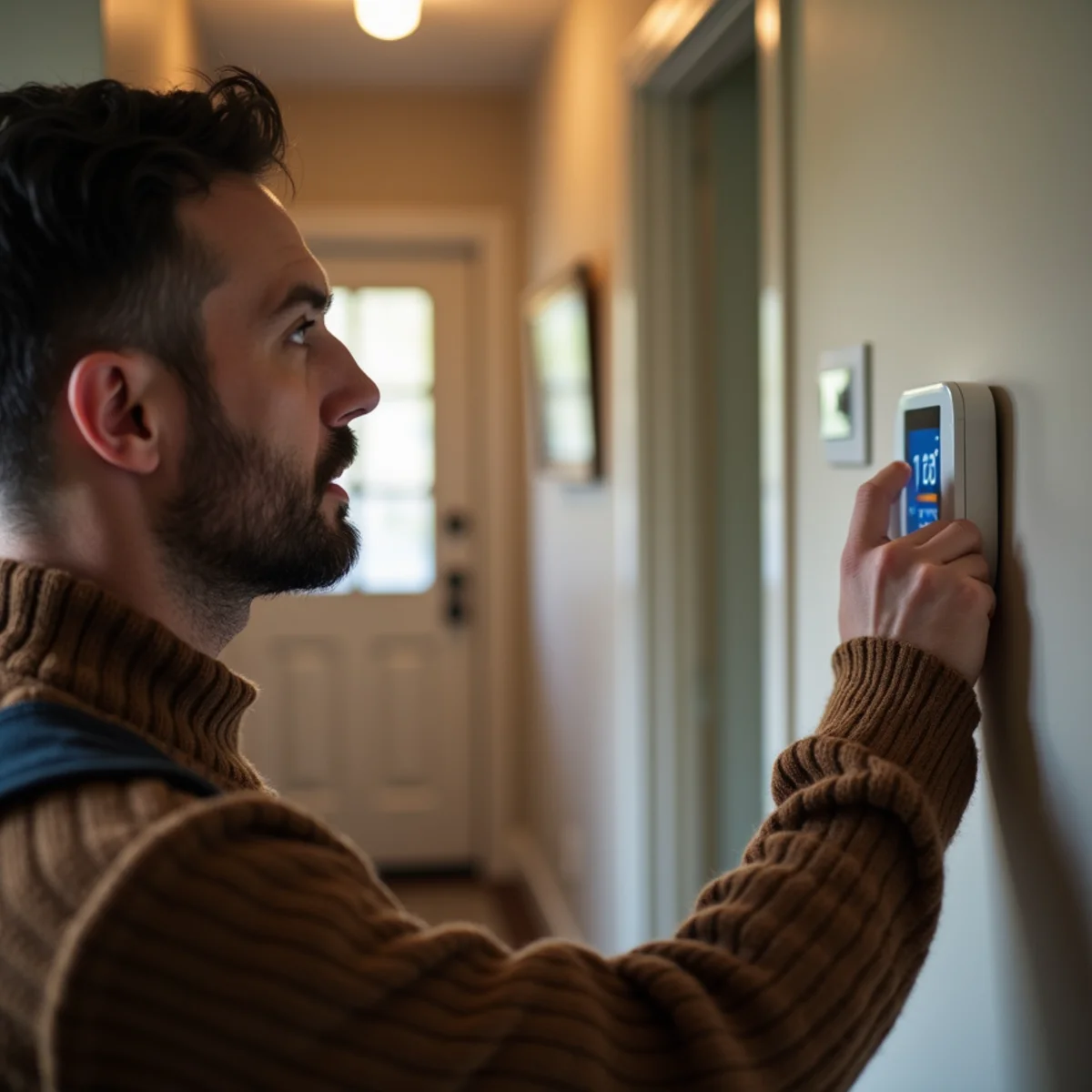 Homeowner inspecting digital wall thermostat in winter