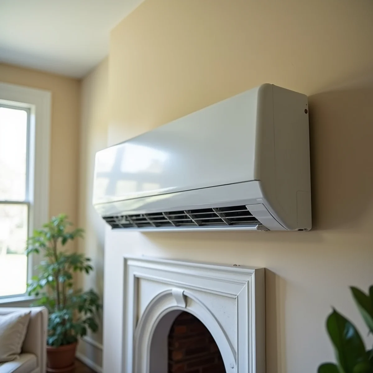 Ductless mini-split indoor air handler mounted on plaster wall of older Main Line home
