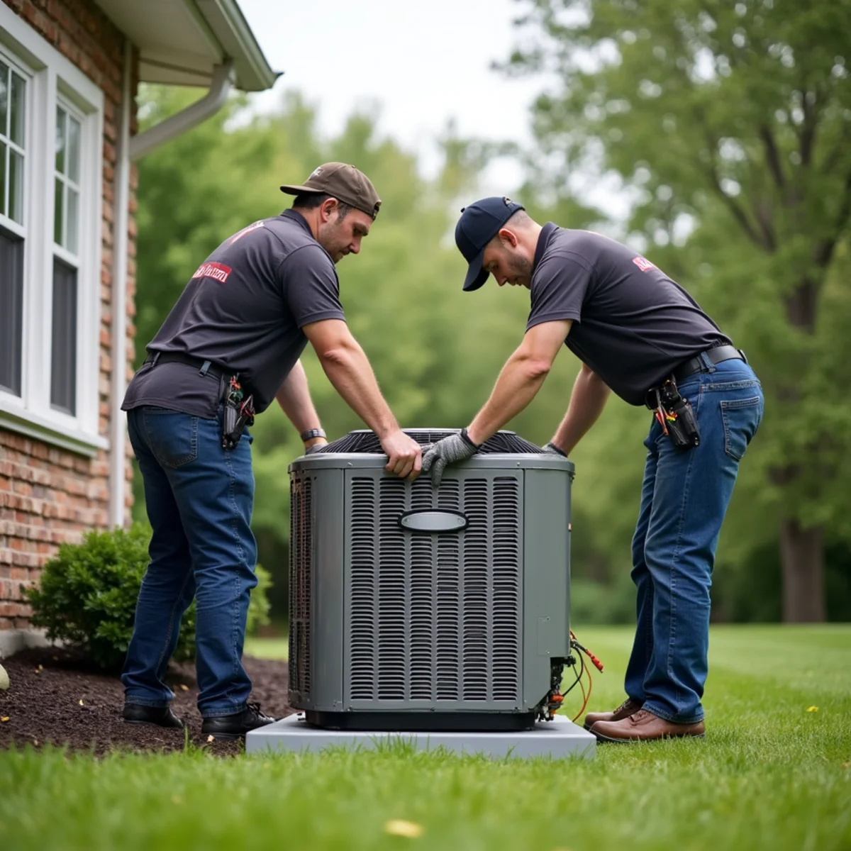 HVAC technicians installing a new central air conditioning condenser unit in Broomall PA
