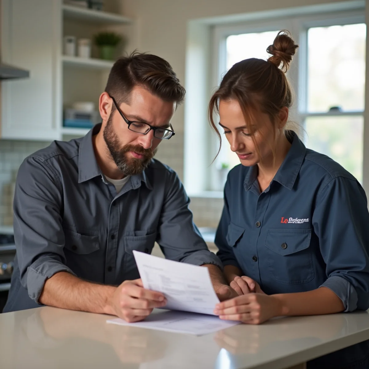 HVAC technician presenting transparent repair estimate on tablet to homeowner in Delaware County
