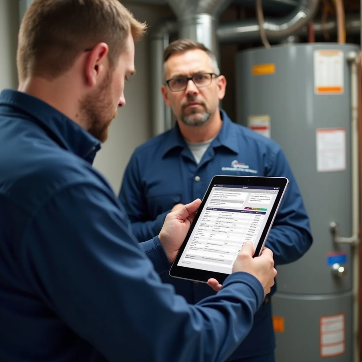 HVAC technician writing an upfront diagnostic estimate for homeowner