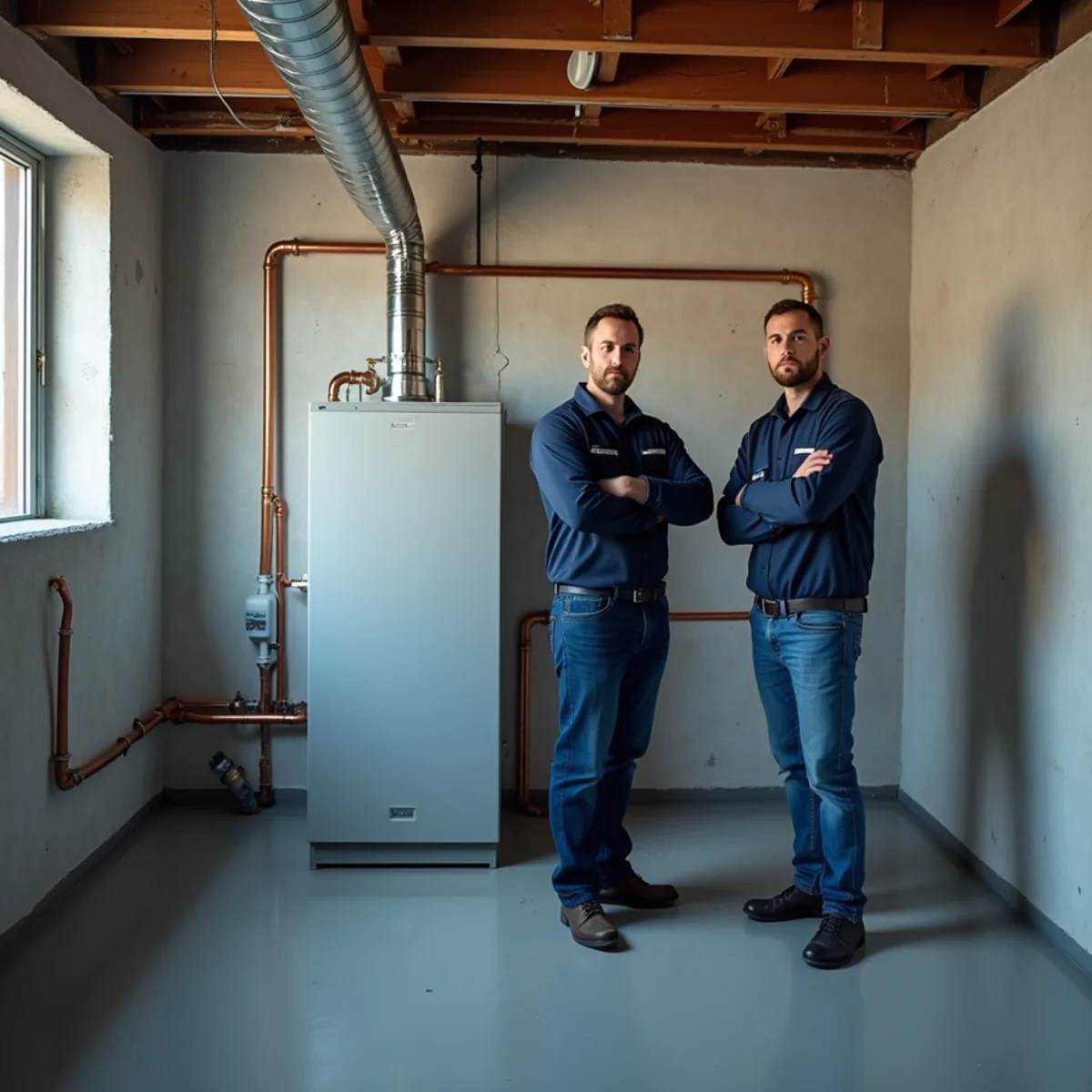 Modern high-efficiency gas boiler replacing older oil system in basement