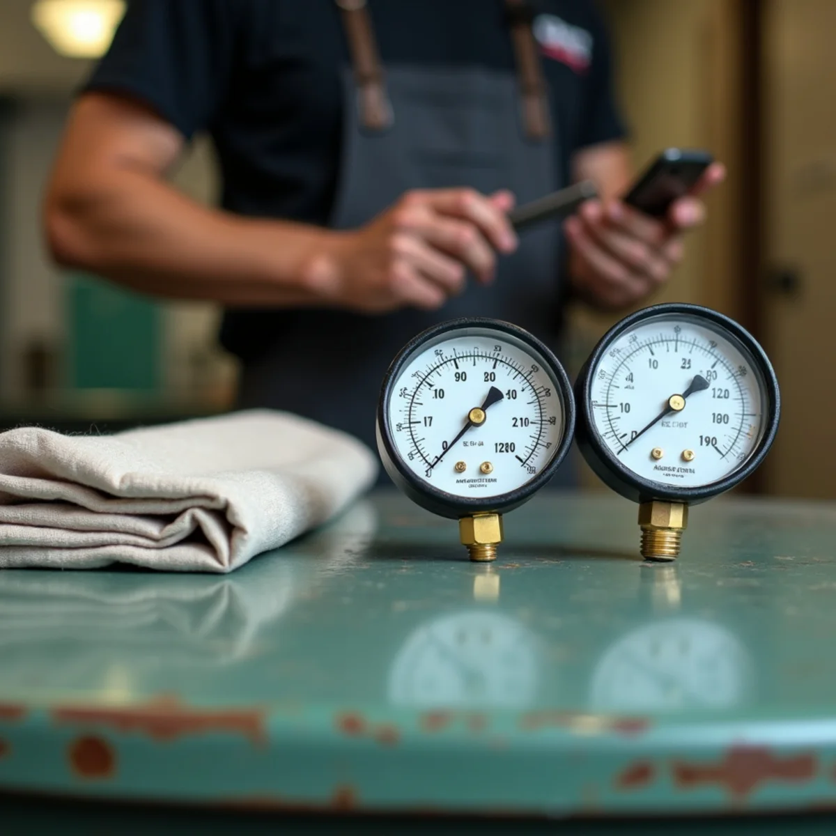 HVAC technician manifold pressure gauges connected to older outdoor air conditioning condenser